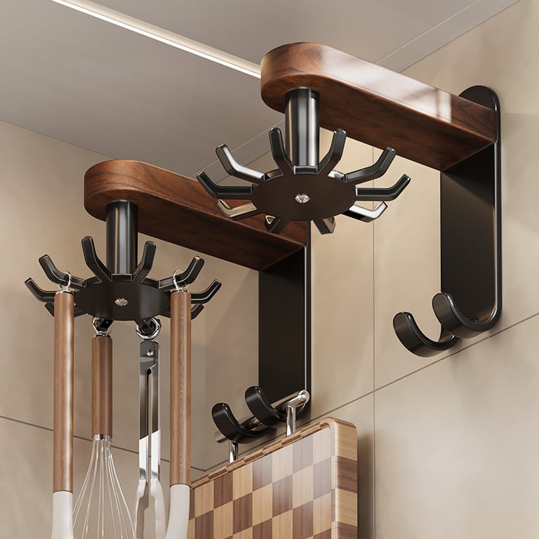 Walnut Wood Swivel Kitchen Hooks | Wall-Mounted Utensil Organizer thumbnail 1
