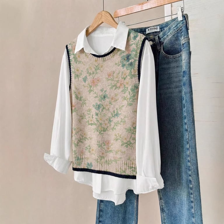 Women's Floral Knitted Vest | Loose-Fitting Sleeveless Sweater thumbnail 2