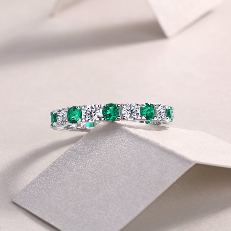 S925 Silver Platinum Eternity Ring | Green & White Gemstone Stackable thumbnail 6