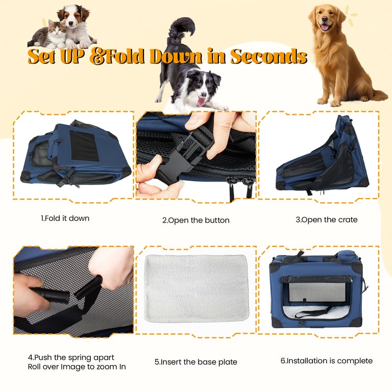 40   Soft Dog Crates Kennel, 3-Door Portable Folding Pet Carrier With Mesh Windows, Straps And Fleece Mat For Dogs, Cats, Rabbits, Meeting The Needs For Indoor, Outdoor, And Travel Use, Dark Blue thumbnail 12