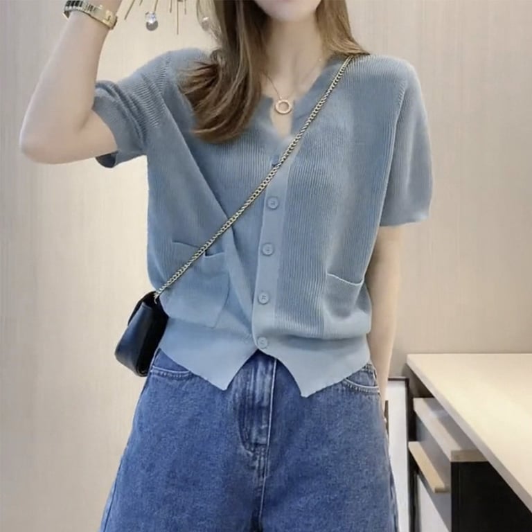 Women's V-Neck Ice-Silk Knitted T-Shirt Top | Breathable Blue Cardigan thumbnail 4
