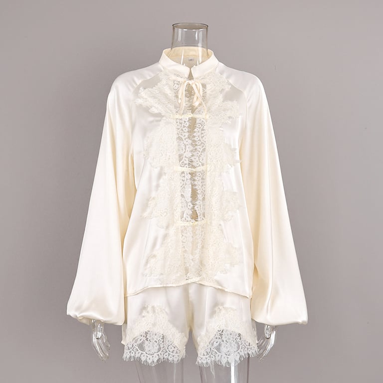Off-White Ice-Silk Satin Lace-Trimmed Tie-Front Womens Pajama Set thumbnail 13