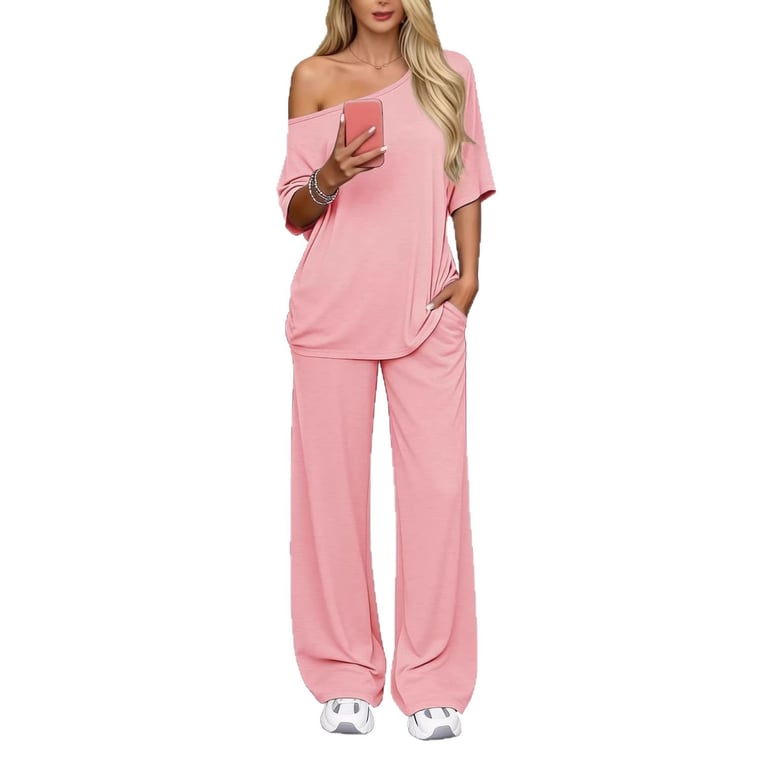 Off-Shoulder Loose Two-Piece Set | Wide-Leg Pants & Casual Top thumbnail 7
