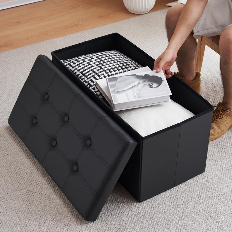 Foldable Storage Ottoman Seat | Button Tufted Bench Toy Box Canada thumbnail 5
