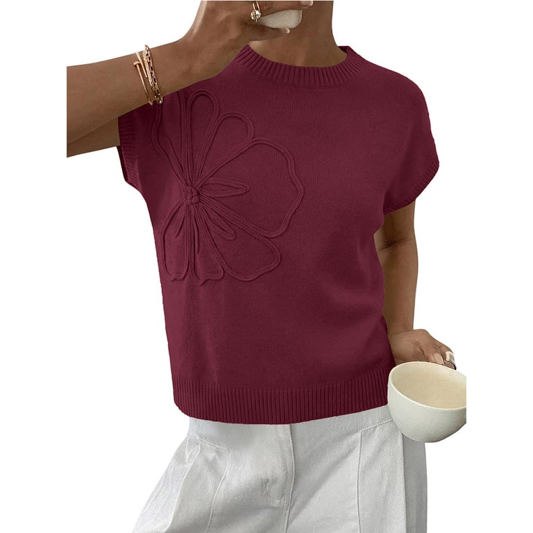 Jacquard Womens Knitted Short-Sleeve Flower Sweater | Soft Casual Top thumbnail 4