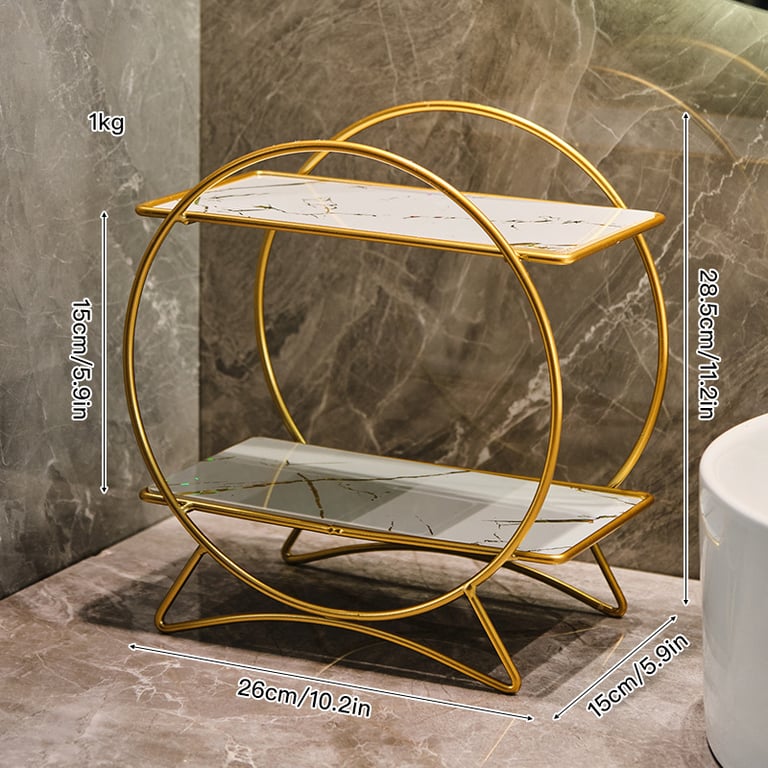 Double-Layer Bathroom Storage Organizer | Marble Caddy with Metal Frame thumbnail 4