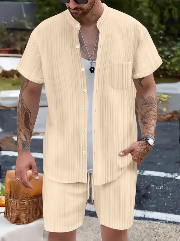 Men's Casual Stand Collar Ribbed Shirt & Shorts Set | Two-Piece thumbnail 8
