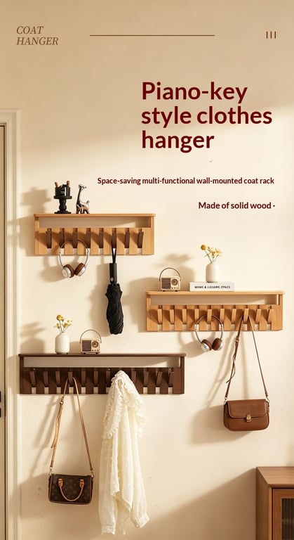 Solid Wood Coat Rack with Piano Keys | Modern Wall Mount Storage thumbnail 20