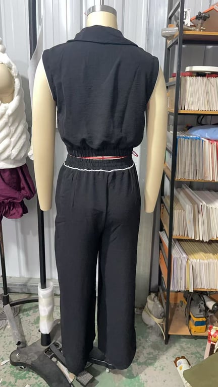 Sleeveless Lapel Top with Pockets & Faux Drawstring Pants Set | Home & Kitchen thumbnail 11