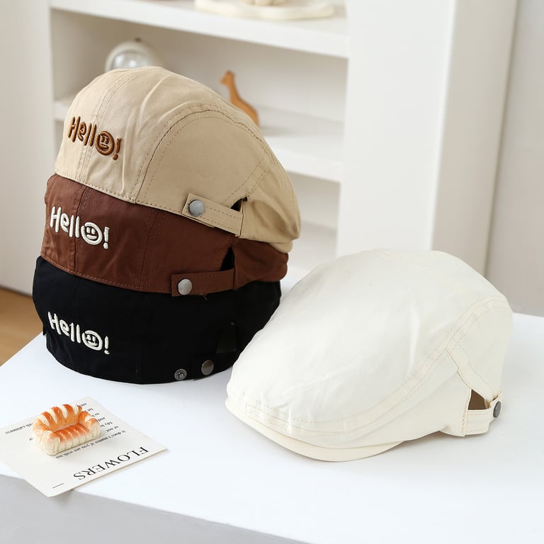 Children's Embroidered Smiling Face Beret | Adjustable Soft-Top Cap thumbnail 6