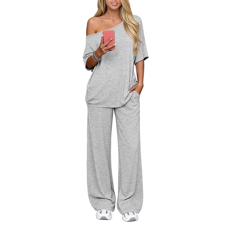 Off-Shoulder Loose Two-Piece Set | Wide-Leg Pants & Casual Top thumbnail 6