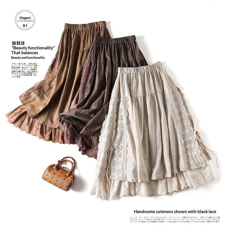 Japanese Linen Lace-Up Skirt | Mori Girl Aesthetic Tiered Design thumbnail 8
