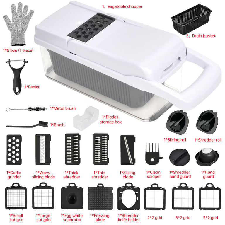 26 In 1 Vegetable Chopper With Container And Lid Manual Hand Veggie Chopper Food Processor For Onion Garlic Multifunctional Kitchen Dicer Chopper With Egg White Separator Hand Guard Black And White thumbnail 8