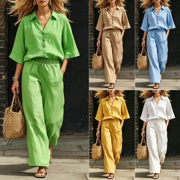 Women's Linen Two-Piece Set | Short-Sleeve Shirt & Loose Pants thumbnail 10