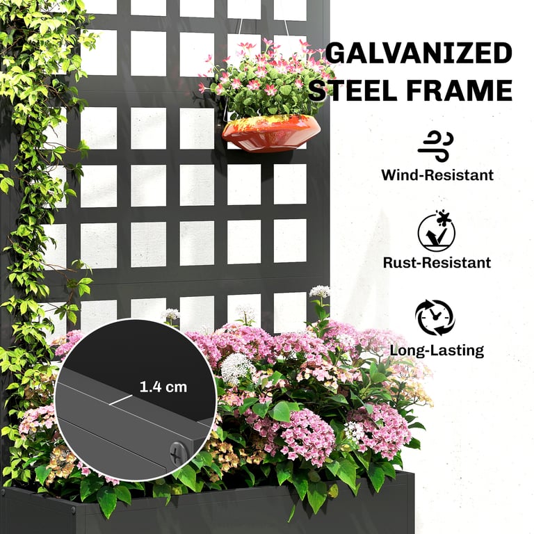 Galvanized Raised Garden Bed Planter Box with Trellis for Climbing Plants, Vegetable, Vines, 24" x 9" x 44.5", Black thumbnail 6