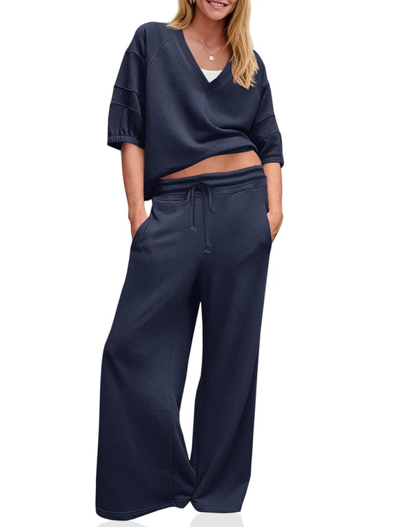 Women's 2 Piece Wide Leg Tracksuit Set | V Neck Casual Workout thumbnail 2