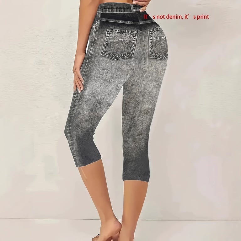 Denim-Look High-Stretch Capri Leggings | Summer High-Waisted Tight-Fit thumbnail 5