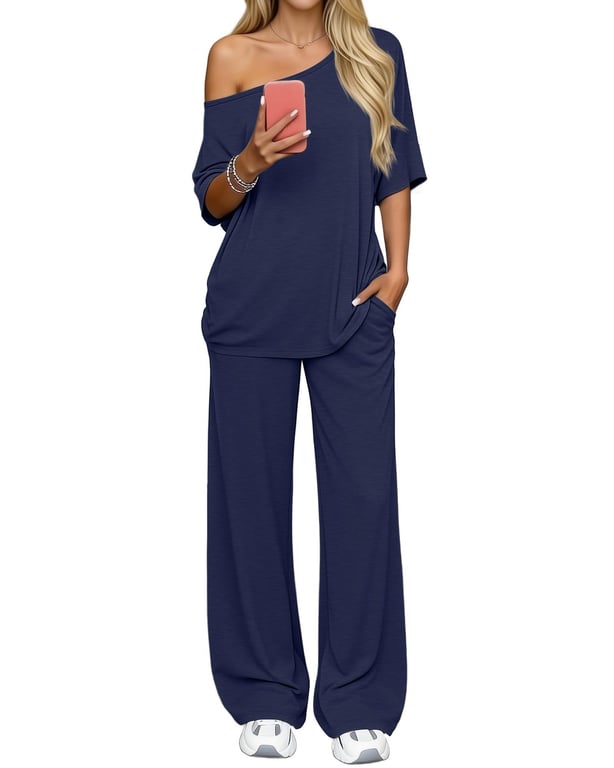 Off-Shoulder Loose Two-Piece Set | Wide-Leg Pants & Casual Top thumbnail 10