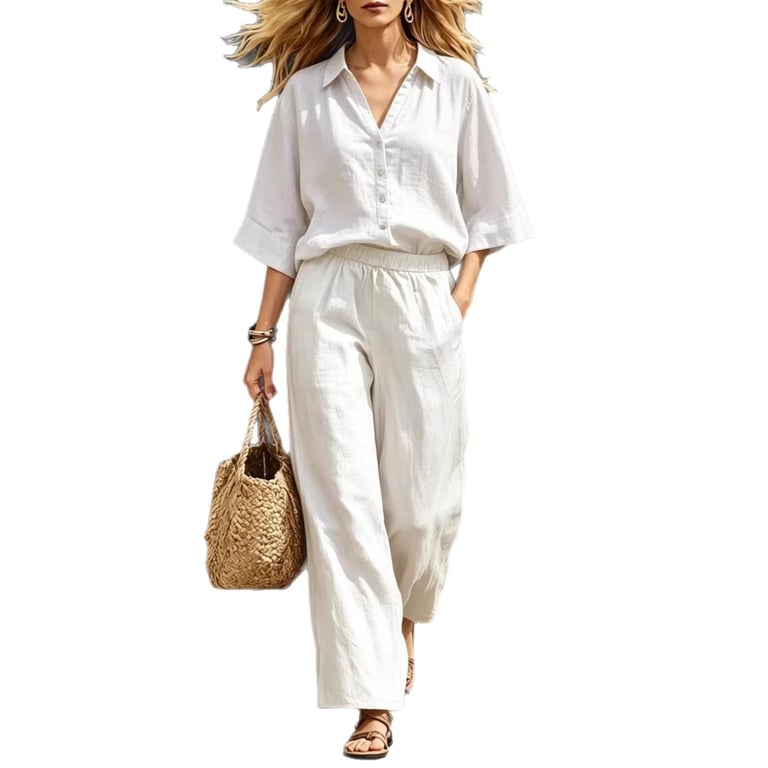 Women's Linen Two-Piece Set | Short-Sleeve Shirt & Loose Pants