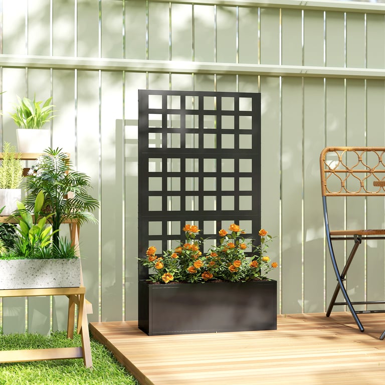 Galvanized Raised Garden Bed Planter Box with Trellis for Climbing Plants, Vegetable, Vines, 24" x 9" x 44.5", Black thumbnail 4