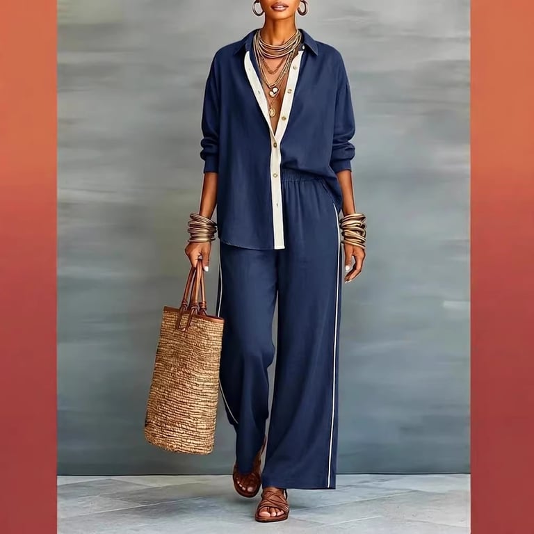 Women's Contrast-Color Casual Loose Pants Two-Piece Set | Comfy thumbnail 9