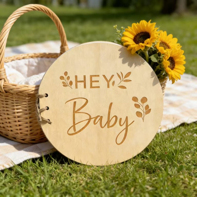 Round Wooden Hey Baby Guest Book | Laser Engraved Floral Signature Book thumbnail 3