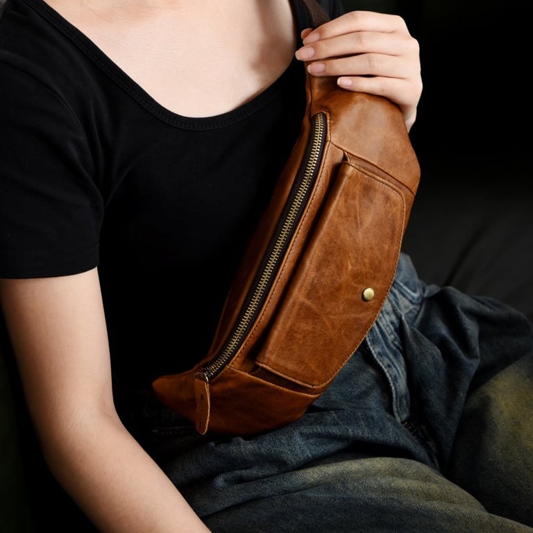 Retro Casual Vegetable Tanned Full-grain Leather Cowhide Chest Bag | Home & Kitchen thumbnail 10