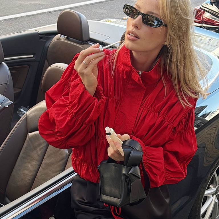 Red Pleated Stand-Collar Coat | Trendy Women's Fashion Top thumbnail 5