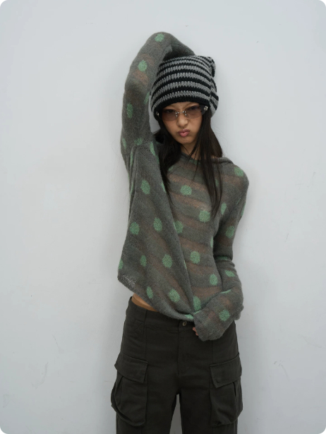Korean-Style Retro Hollow-Out Hooded Knit Top | Polka Dot thumbnail 5