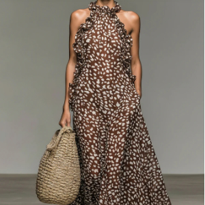 Women's Brown Speckled Maxi Dress with Ruffled Halter | Pockets thumbnail 2