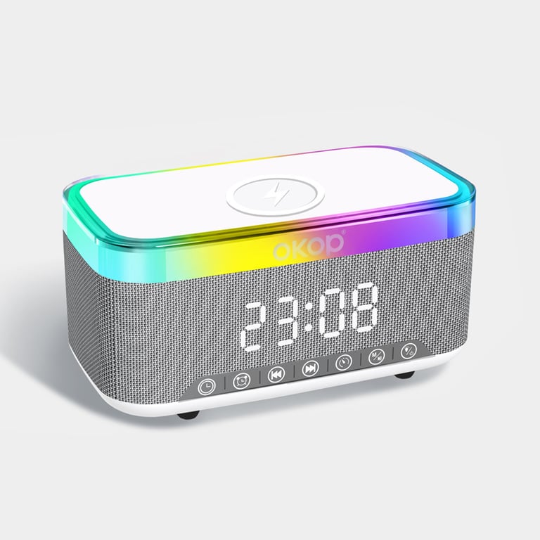 Bedside Alarm Clock with RGB Ambient Light | 15W Wireless Charging & Bluetooth Speaker