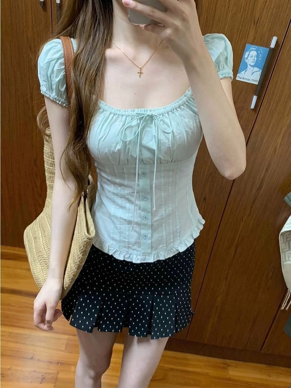 Ice-Blue Square-Neck Bubble-Sleeve T-Shirt | Cottagecore Style Top thumbnail 8