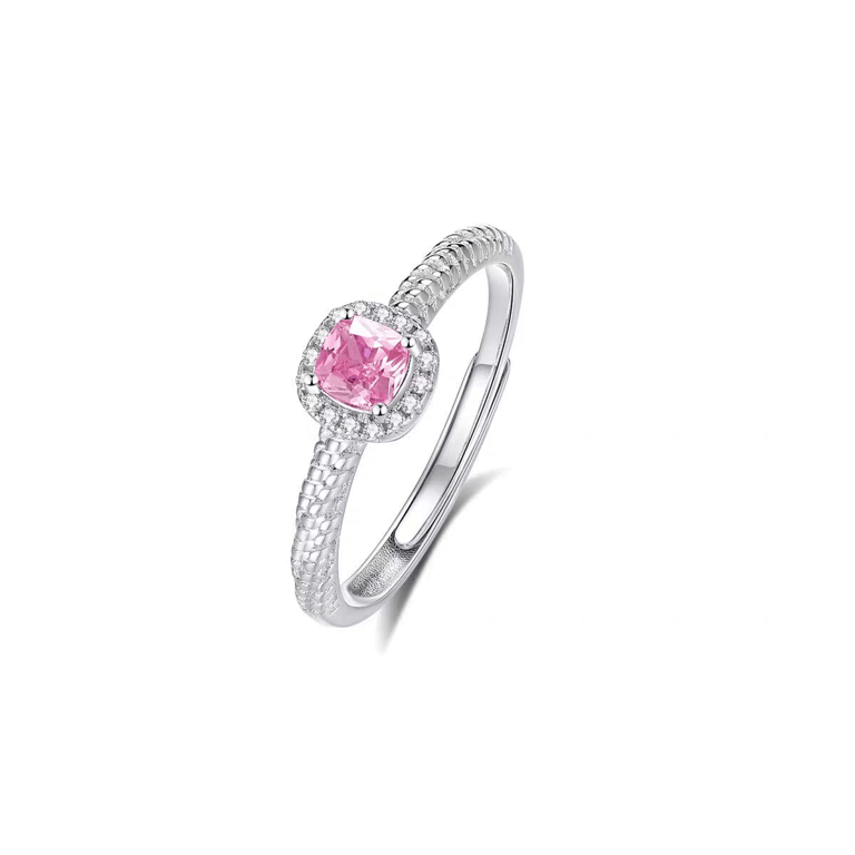 Pink Cushion Cut CZ Sterling Silver Ring | Halo Pave Twisted Band