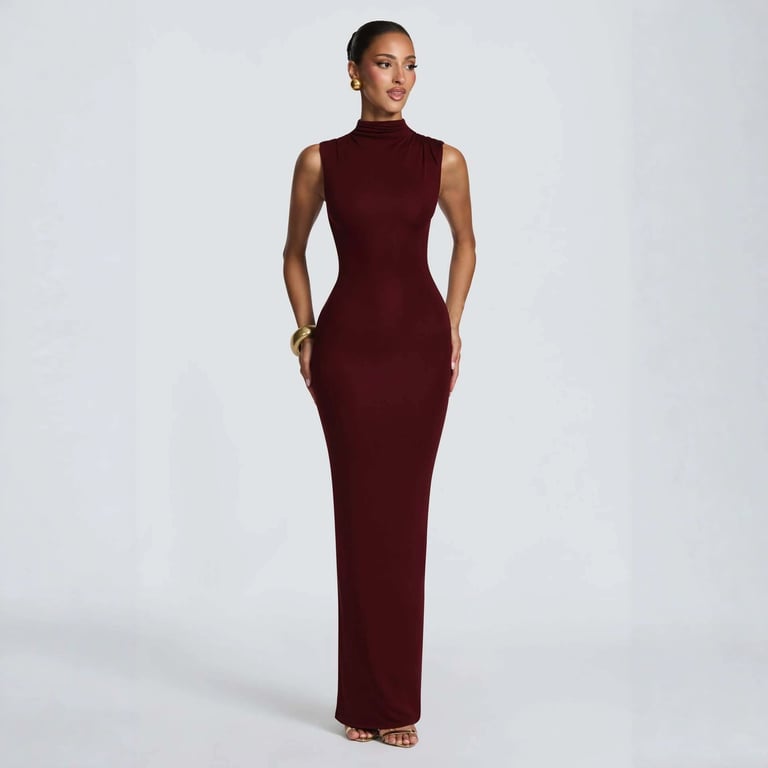 Women's Solid-Color Turtleneck Sleeveless Waist-Cinching Maxi Dress | Home & Kitchen thumbnail 5