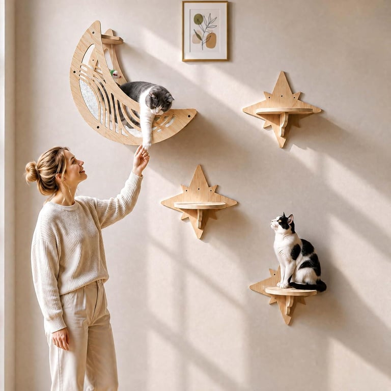 Wooden Star And Moon Hammock Cat Wall Set | Home & Kitchen Pet Furniture thumbnail 7