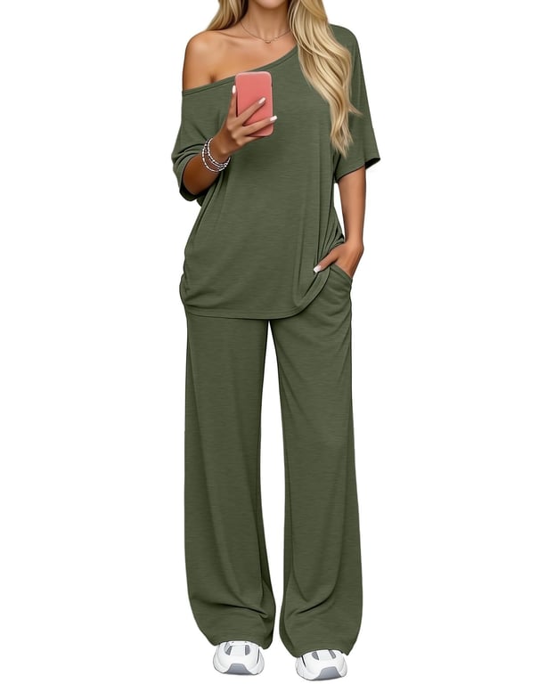 Off-Shoulder Loose Two-Piece Set | Wide-Leg Pants & Casual Top thumbnail 5