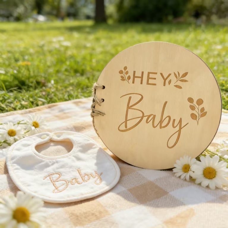 Round Wooden Hey Baby Guest Book | Laser Engraved Floral Signature Book - image 1
