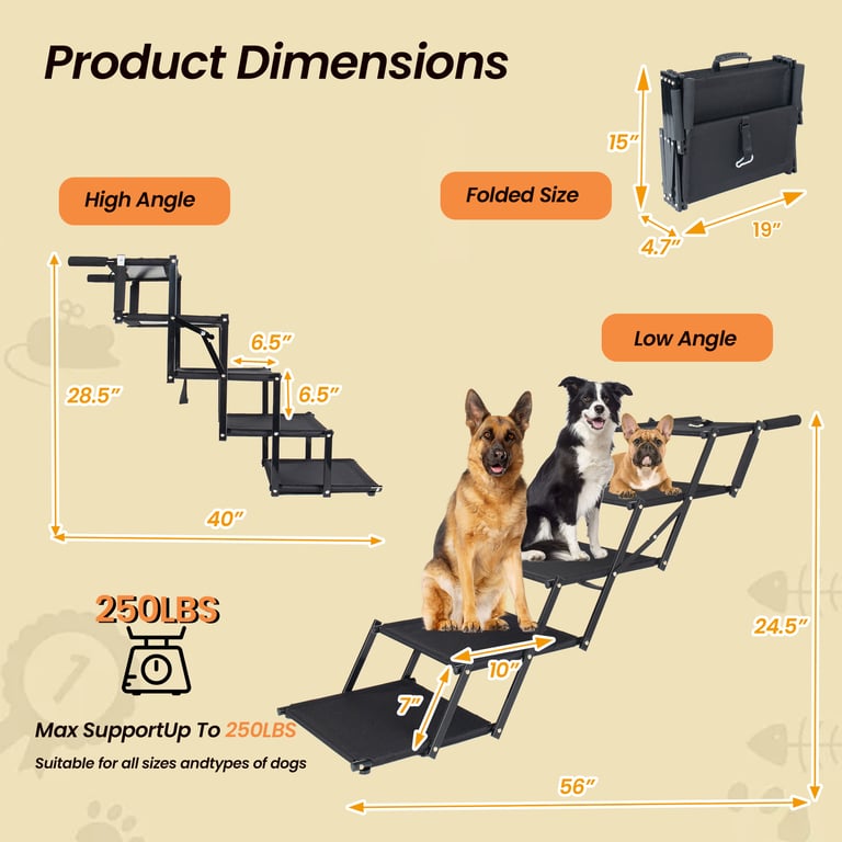 Extra Wide  Foldable Dog Stairs, Pet Ramp With Non Slip Surface And Soft Foam Handle, Dogs Stairs For Cars, High Beds, Truck, Supports Up To 250 Lbs, 5 Steps thumbnail 7