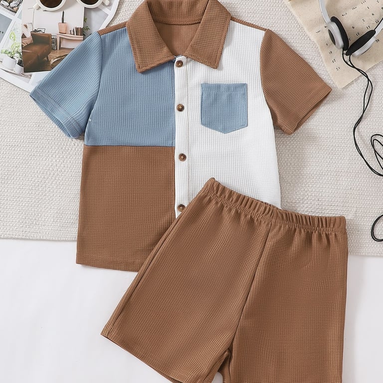 Boys Cartoon Print Waffle Knit T-Shirt & Shorts Set | Trendy