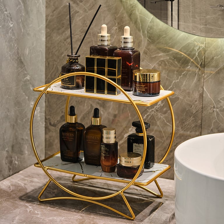 Double-Layer Bathroom Storage Organizer | Marble Caddy with Metal Frame thumbnail 9
