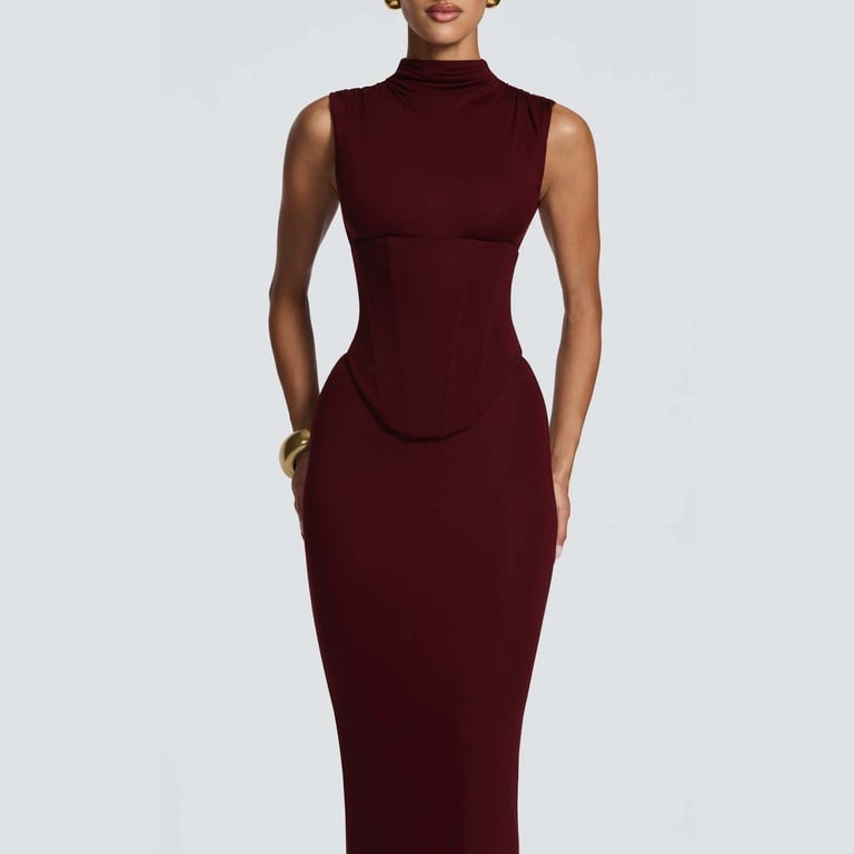 Women's Solid-Color Turtleneck Sleeveless Waist-Cinching Maxi Dress | Home & Kitchen thumbnail 1