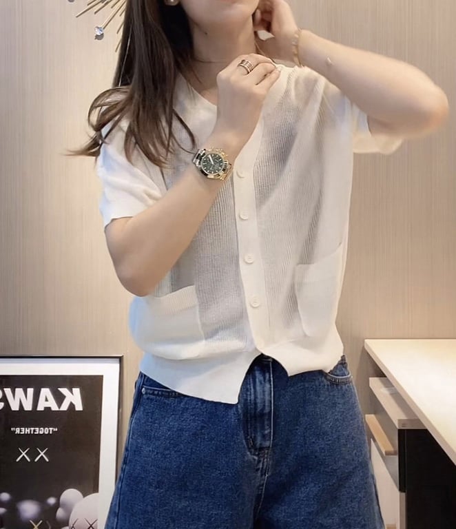 Women's V-Neck Ice-Silk Knitted T-Shirt Top | Breathable Blue Cardigan - image 1