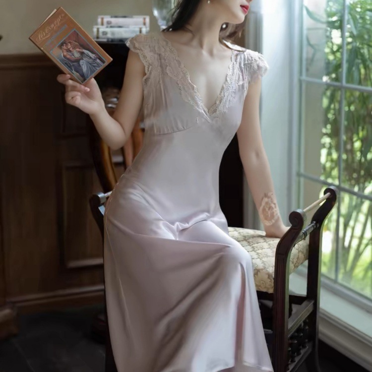 Slim-Fit French-Style Ice-Silk Long Nightgown | Lace Trim thumbnail 9