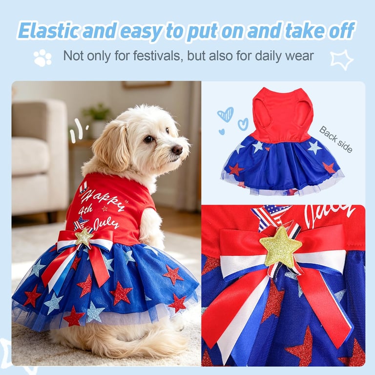 Patriotic Dog Tulle Dress | 4th of July Pet Outfit with Sparkly Stars thumbnail 7