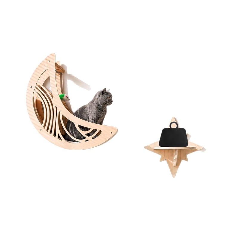 Wooden Star And Moon Hammock Cat Wall Set | Home & Kitchen Pet Furniture thumbnail 2