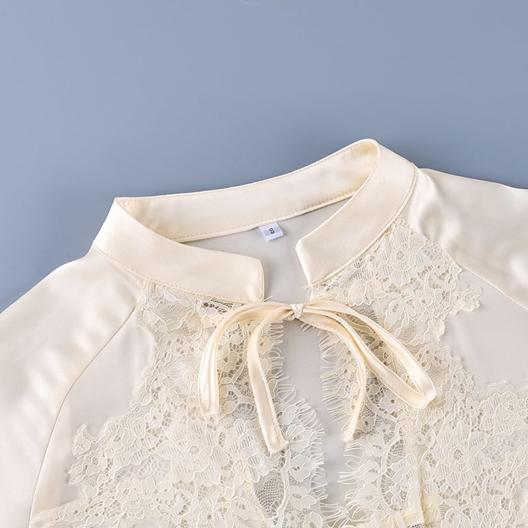 Off-White Ice-Silk Satin Lace-Trimmed Tie-Front Womens Pajama Set thumbnail 11