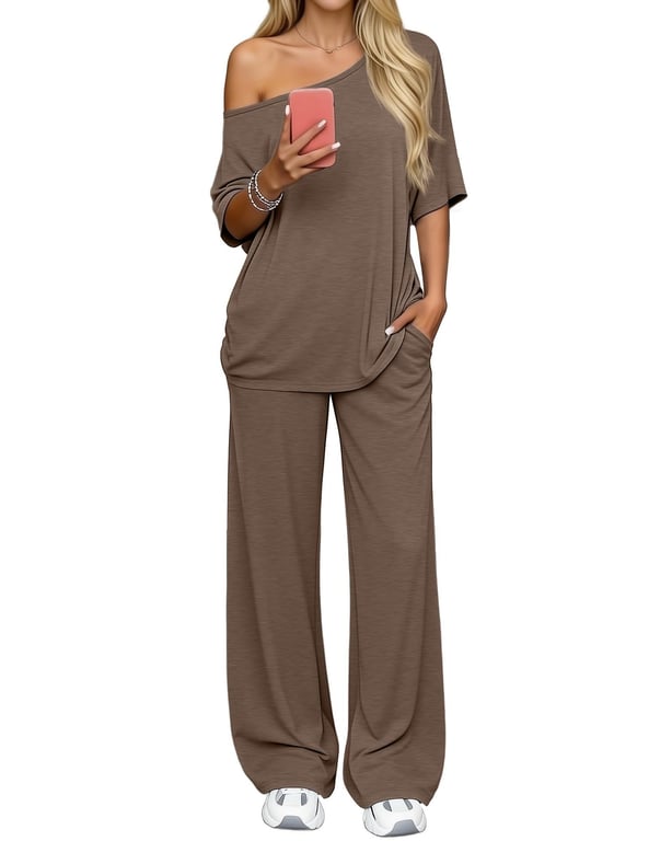 Off-Shoulder Loose Two-Piece Set | Wide-Leg Pants & Casual Top thumbnail 12