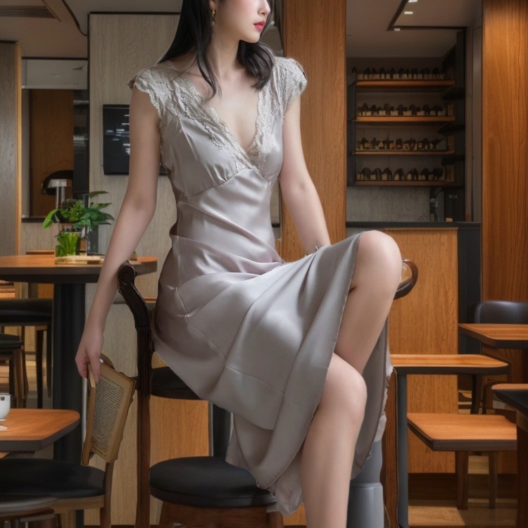 Slim-Fit French-Style Ice-Silk Long Nightgown | Lace Trim thumbnail 6