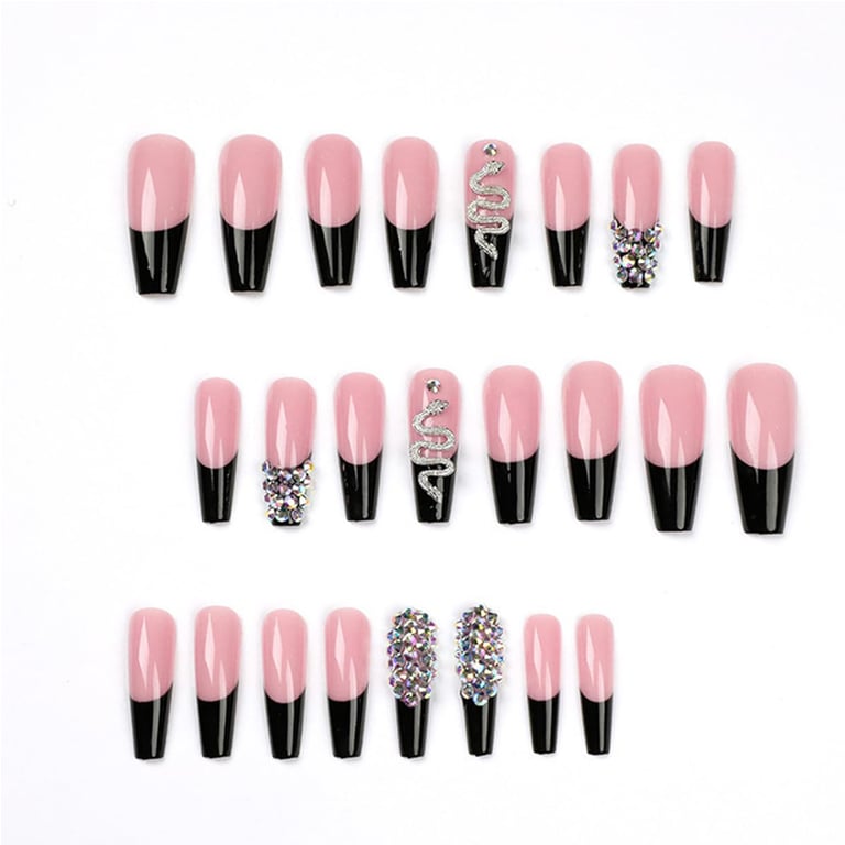 24 PCS Diamond Snake Coffin Press-On Nails | Rhinestone Nail Art