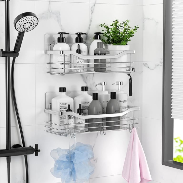 Set of 2 Stainless Steel Shower Shelves | No Drilling Required | Home & Kitchen Storage thumbnail 1